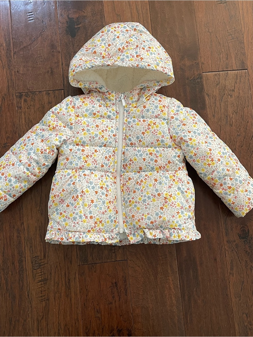 Carter's White Puffer Jacket with Multicolor Floral Trim Sherpa